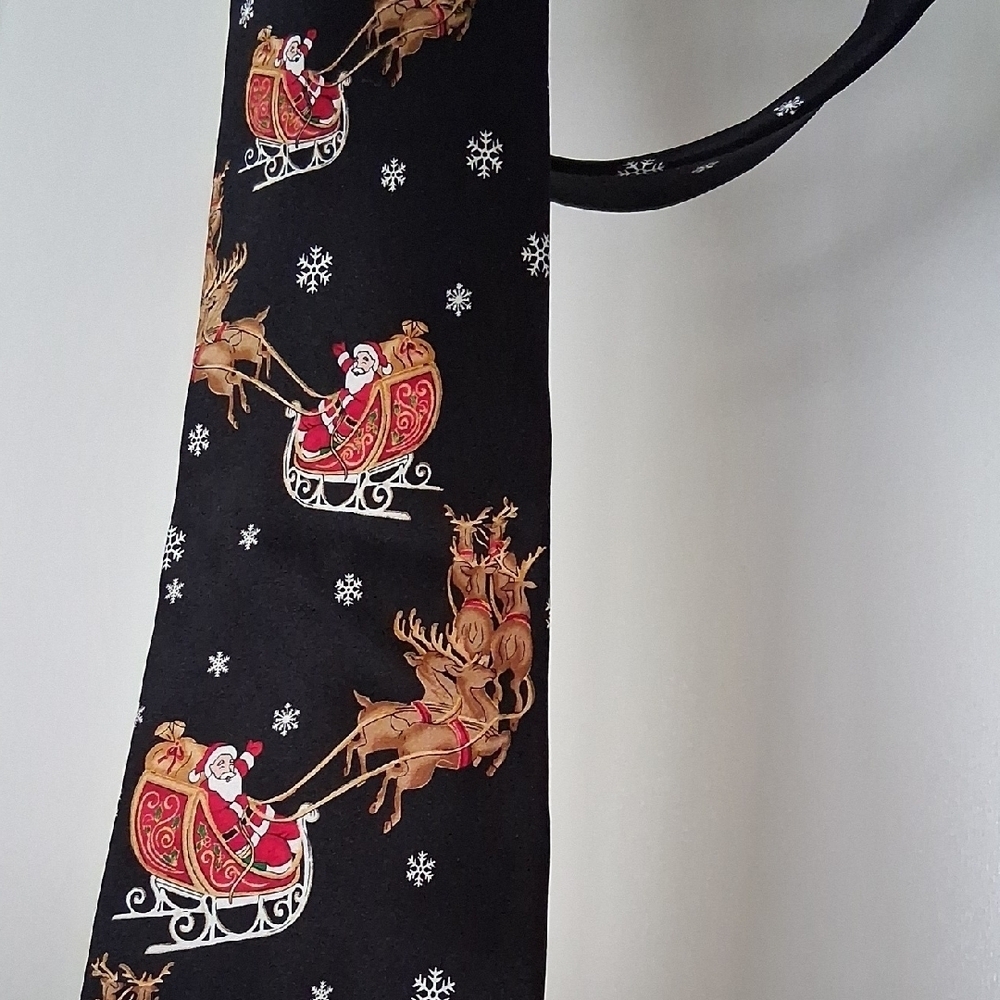 Holiday Traditions Hallmark Festive Black Silk Tie with Santa and Reindeer